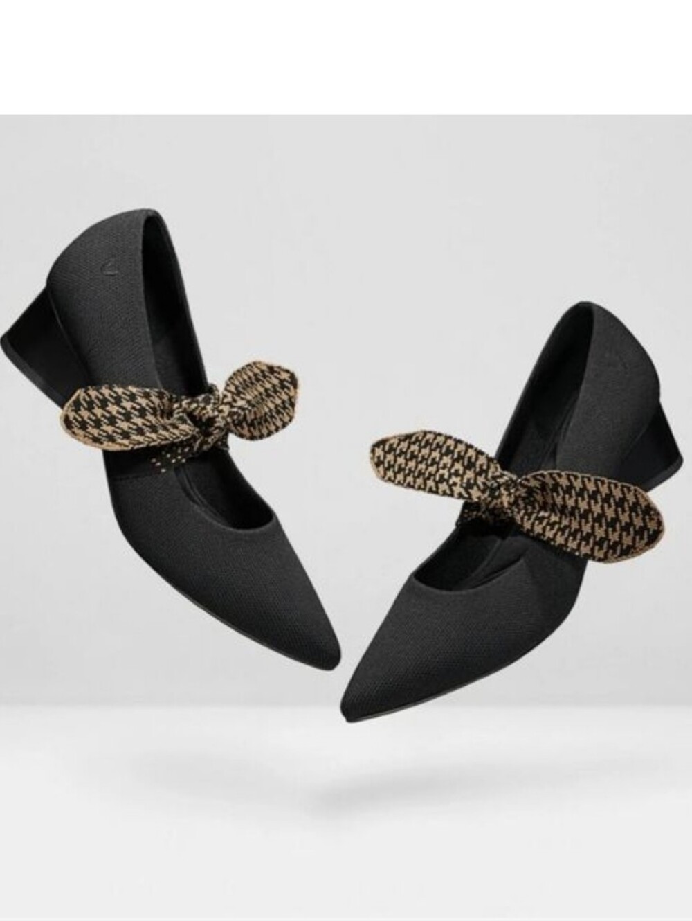 Vivaia Black Pointed Mary Jane Heels with Houndstooth Bow
